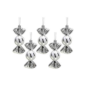 St Charles Pack of 5-110mm Large Sweet Shaped Baubles - Shiny & Glitter Decorated - Christmas Baubles Silver
