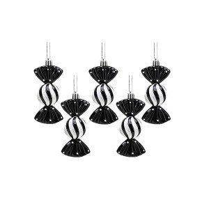St Charles Pack of 5-110mm Large Sweet Shaped Baubles - Shiny & Glitter Decorated - Christmas Baubles (Black)