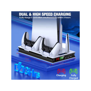 PS5 Cooling Fan Stand with Dual Controller Charging Station for 2023 Playstation 5 Slim/PS5 Controller/2020 PS5 Digital/Disc Edition Console, White