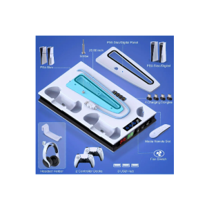 PS5 Cooling Fan Stand with Dual Controller Charging Station for 2023 Playstation 5 Slim/PS5 Controller/2020 PS5 Digital/Disc Edition Console, White