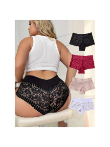 4 Pack Plus Size Elegant Underwear Set, Women's Plus Floral Jacquard Contrast Lace Underwear Four Piece Set