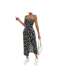 Elegant sleeveless Floral Print Dress | Split Hem Cami for Spring & Summer