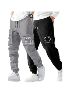 2 Pcs Men's Stylish Smiling Face Pattern Cargo Jogger With Pockets, Causal Breathable Drawstring Men's Bottom Clothing For City Walk Street Hanging Outdoor Activities