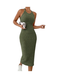 Ribbed Halter Neck Dress, Elegant Sleeveless Dress For Spring & Summer, Women's Clothing