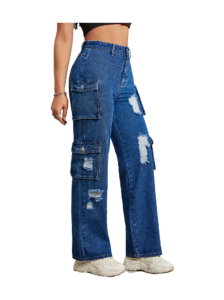 Ripped Plain Flap Pocket Straight Leg Jeans, Versatile High Rise Ripped Cargo Denim Pants, Women's Denim Jeans & Clothing