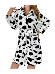 Cow Spot Print Fuzzy Night Robe, Long Sleeve Robe With Belt & Pockets, Women's Sleepwear