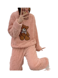 Cartoon Bear Fuzzy Pajama Set, Long Sleeve Crew Neck Top & Elastic Waistband Pants, Women's Sleepwear & Loungewear
