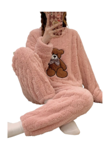 Cartoon Bear Fuzzy Pajama Set, Long Sleeve Crew Neck Top & Elastic Waistband Pants, Women's Sleepwear & Loungewear
