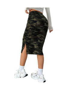 Camo Print Split Hem Pencil Skirt, Elegant High Waist Tied Skirt For Spring & Summer