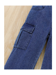 Girl's Casual Pocket Patched Jeans, Elastic Waist Denim Cargo Pants