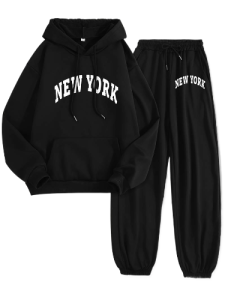 Secret Shield Women's Casual Two-Piece Set - New York Letter Print, 100% Polyester Knit Fabric, Long Sleeve Hoodie