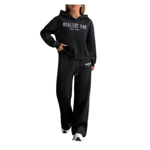 The Prestige Edit women's casual letter print hoodie & jogger set - Black